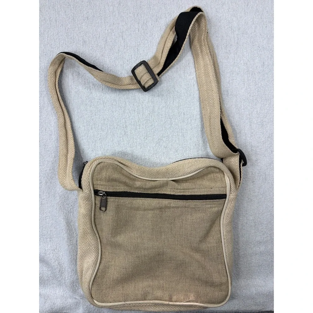 Himalayan Hemp Crossbody Messenger Bag Tan Cream Woven Boho Nepal Travel Pouch